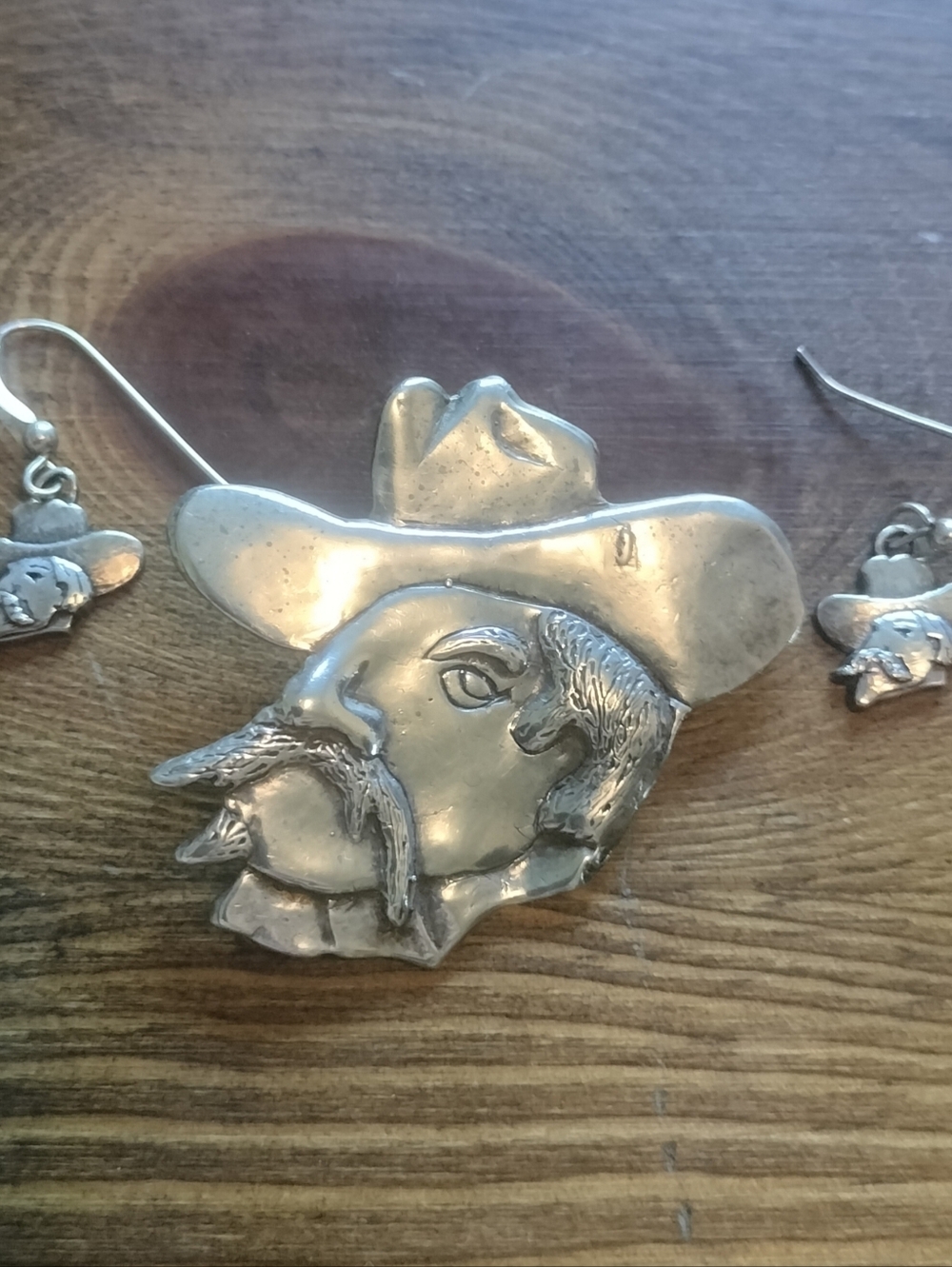 Vintage, Rare, Large Cowboy Head Pendant/Brooch + Earrings Sterling